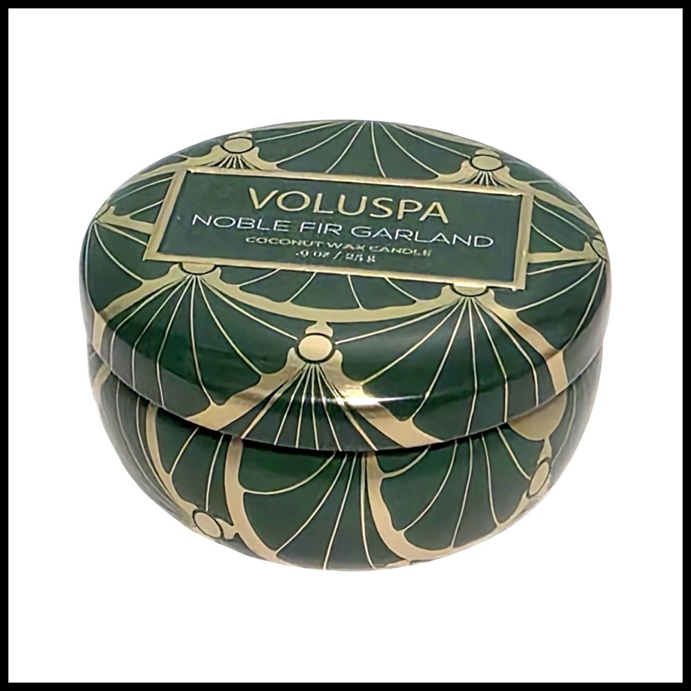 Voluspa Noble Fir Garland Mini Tin Coconut Wax Candle 0.9oz Green Gold Art Deco